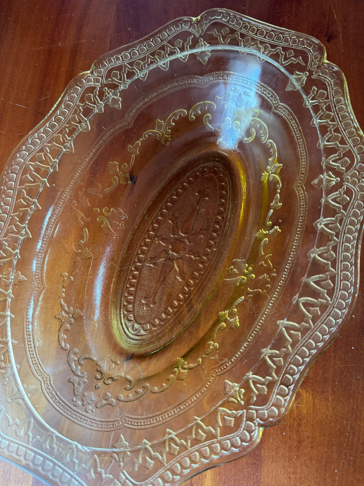 Vintage Amber Pressed Glass Oval Serving Platter