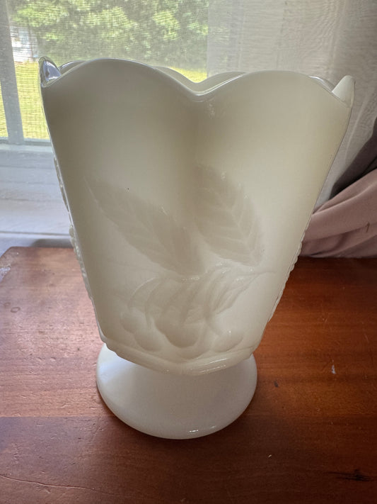 Vintage NAPCO Milk Glass Pedestal Vase | Grape & Cherry Pattern