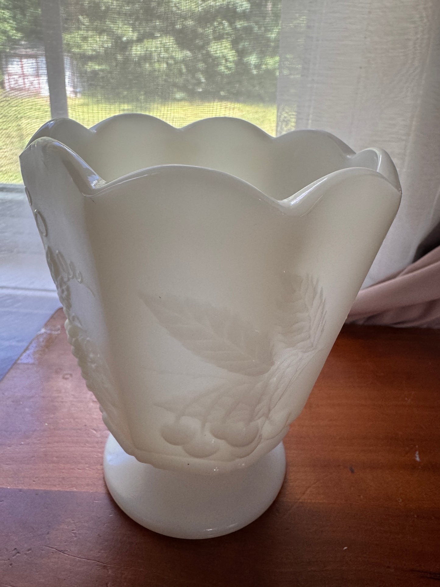 Vintage NAPCO Milk Glass Pedestal Vase | Grape & Cherry Pattern