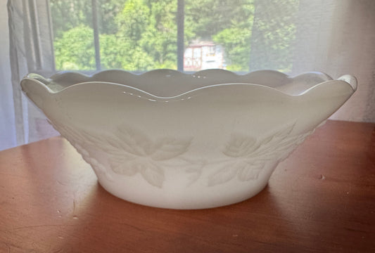 Vintage Milk Glass Serving Bowl|Raised Grape & Leaf Pattern